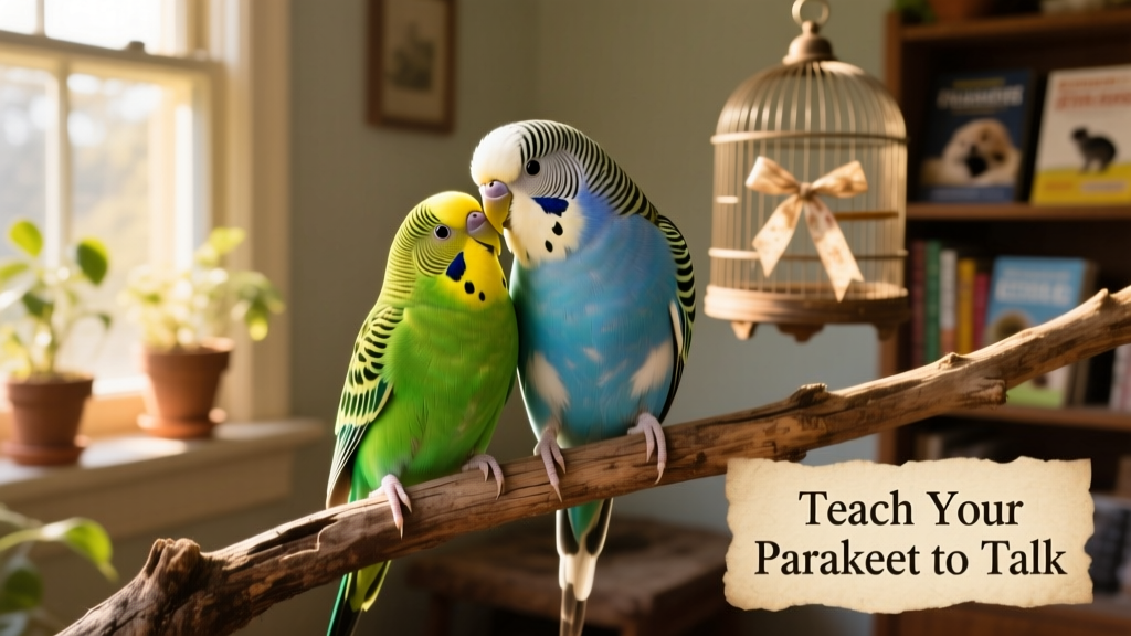 Two budgies interacting on a perch, one gently preening the other's head feathers