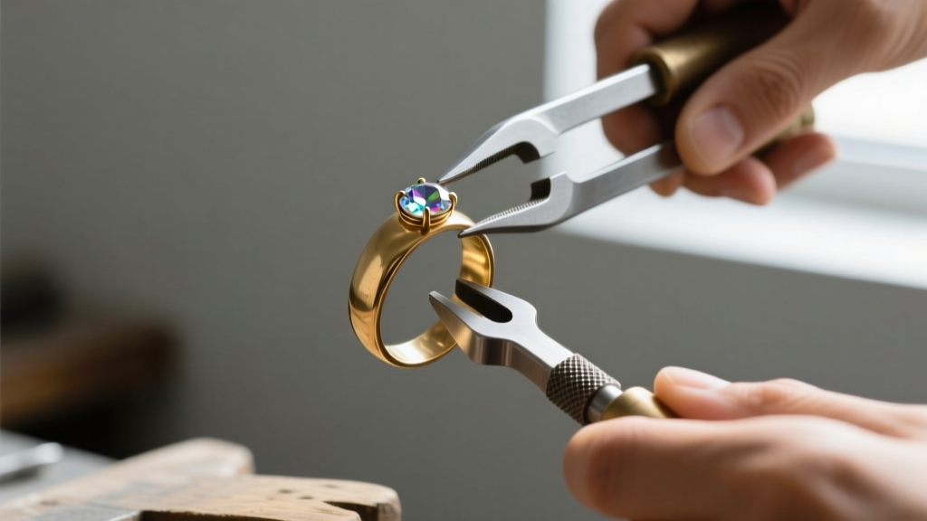 Jeweler using a steel ring stretcher tool on a plain brass band to resize it without cracking the vintage glass gemstones.