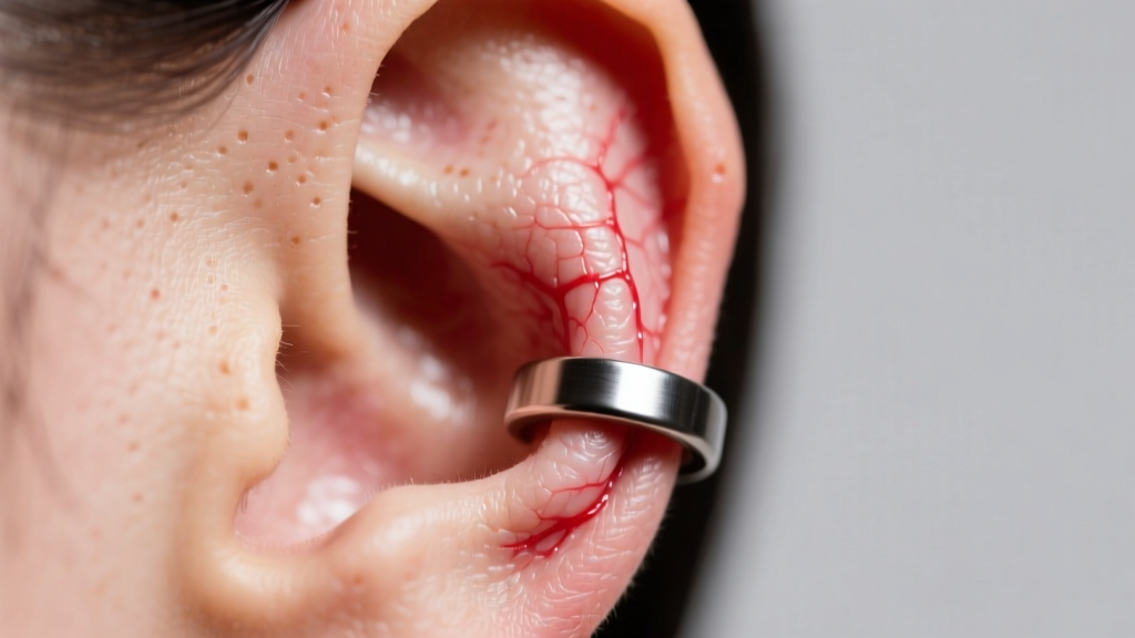 Macro shot of a swollen earlobe wearing a titanium stud, under soft lighting to show localized redness and detailed skin texture