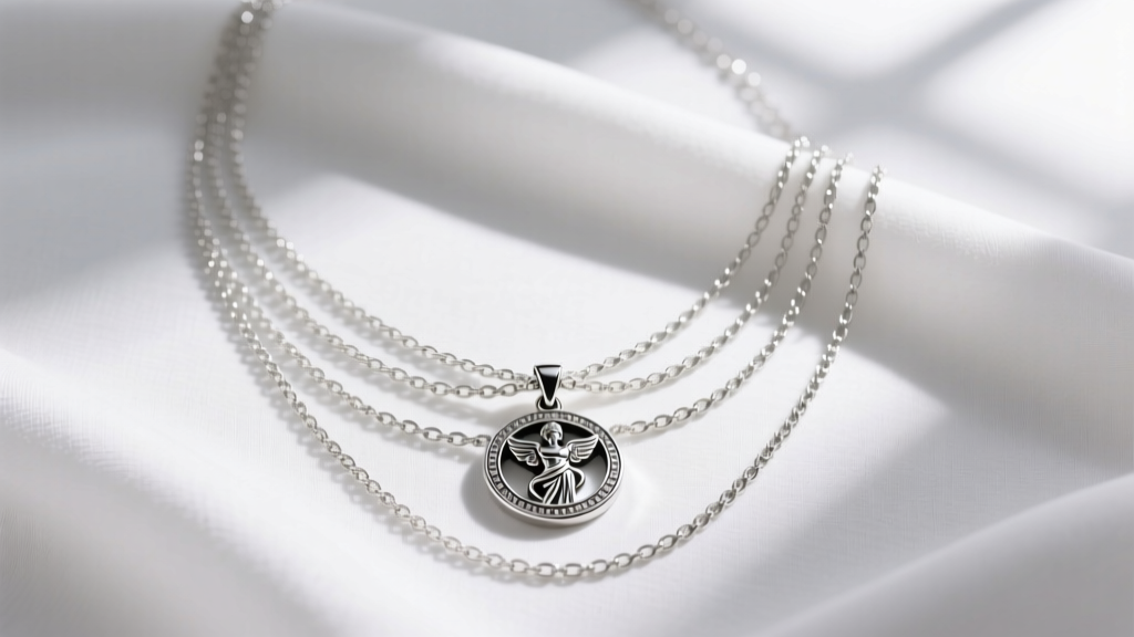 Silver chains on white linen showing an Artemis pendant layering formula from a top-down view in soft natural window light.