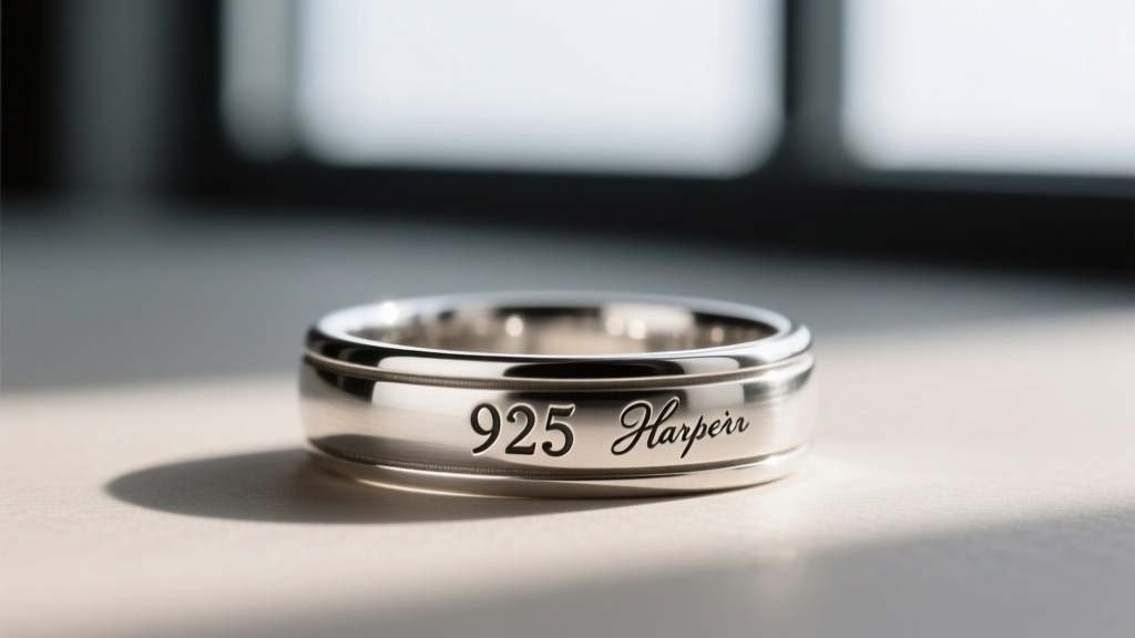Macro photography of a vintage sterling silver ring band showing a clear 925 stamp and maker's mark under bright lighting