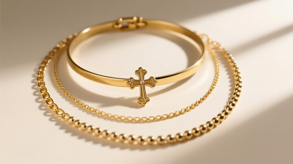 Layered necklaces featuring a 14-inch gold choker necklace with a cross, an 18-inch princess chain, and a 24-inch matinee chain