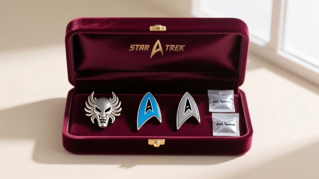 Velvet box holding 3D printed resin Star Trek faction earrings, organized neatly alongside small anti-tarnish silica gel packets.