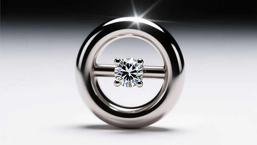 Close-up of a 16-gauge titanium circular barbell with a bezel-set lab-grown diamond end under a harsh jeweler
