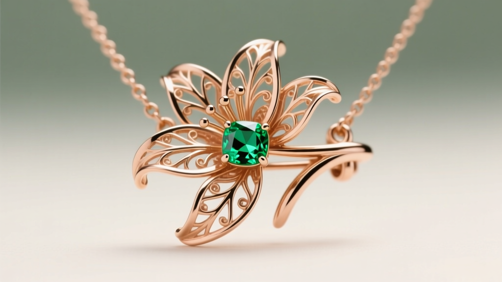 Close-up of a botanical necklace clasp showing 14k rose gold filigree and a bezel-set tsavorite accent on a lily leaf motif.