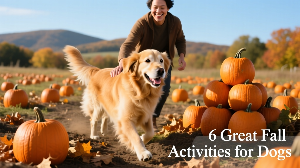 A golden retriever happily walking beside its owner through a sunlit pumpkin patch with orange pumpkins scattered around