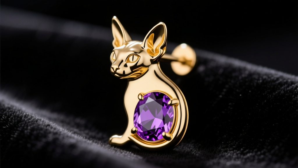 Macro shot of a gold vermeil earring with a stylized Sphynx cat silhouette and central purple amethyst on black velvet.