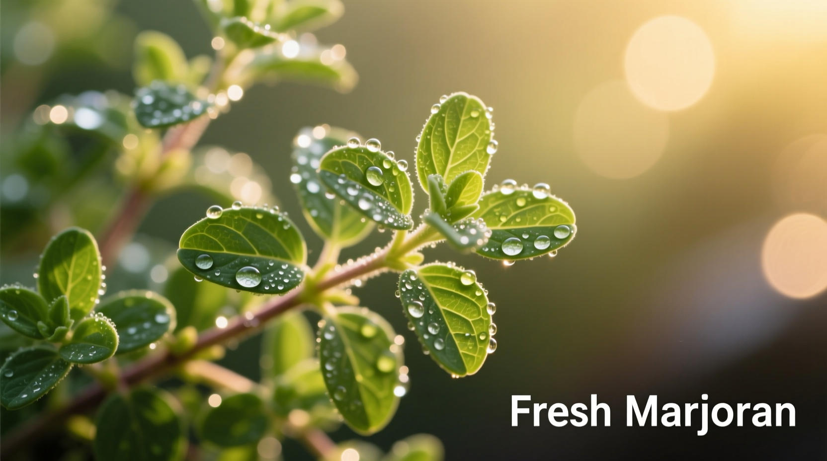 Fresh marjoram sprigs with dew drops on leaves