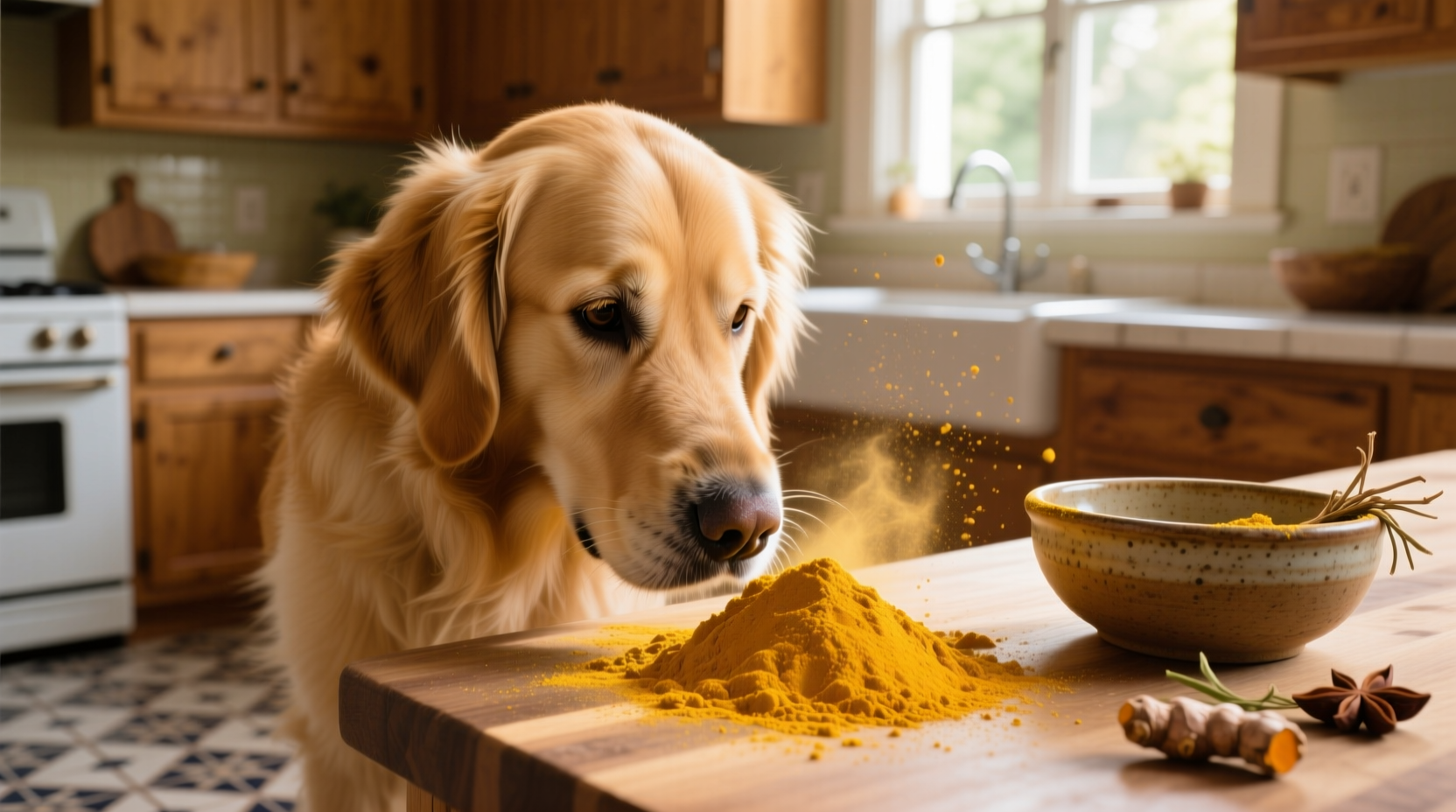 Golden retriever sniffing turmeric powder