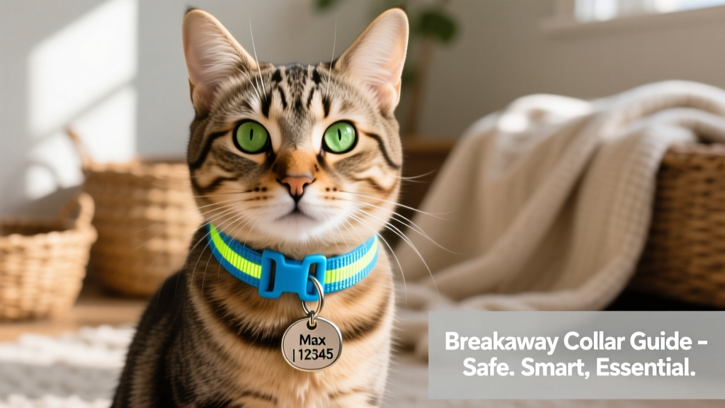 Close-up of a cat wearing a bright blue breakaway collar with reflective strip and engraved ID tag
