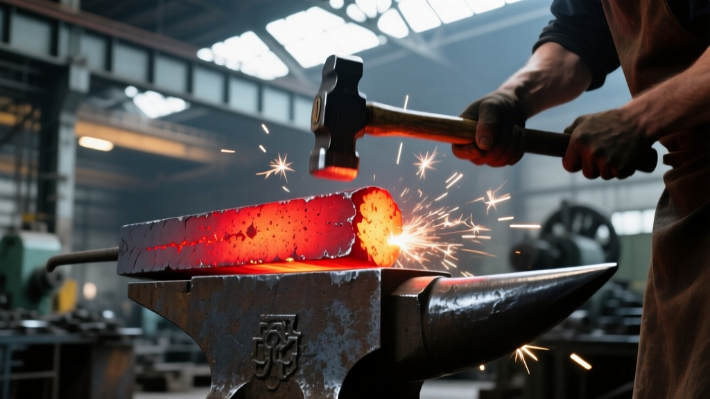 Glowing red-hot high-carbon steel billet being hammered on an anvil with structural I-beams blurred in the workshop background.