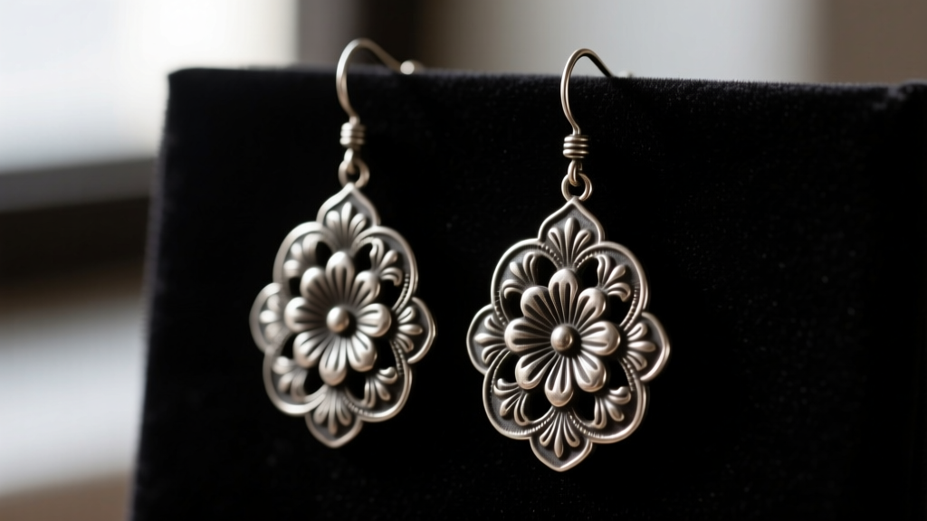 Antique Mexican silver drop earrings with repoussé floral motifs and dark oxidized patina on black velvet.