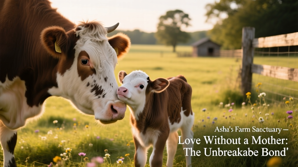 Sindy gently nuzzling a young calf at Asha's Farm Sanctuary