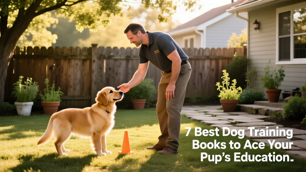 A person calmly training a young dog in a sunlit backyard