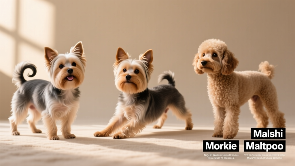 Side-by-side comparison of three popular Maltese mixes: Malshi, Morkie, and Maltepoo, each posed on a neutral background