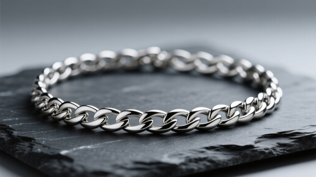 Macro shot of a polished silver herringbone flat necklace on dark slate, showing seamless liquid-like links under studio light.