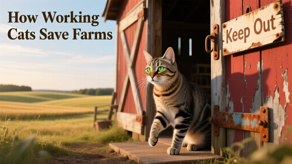 A calm, alert adult cat sitting near a barn doorway, looking out toward open land