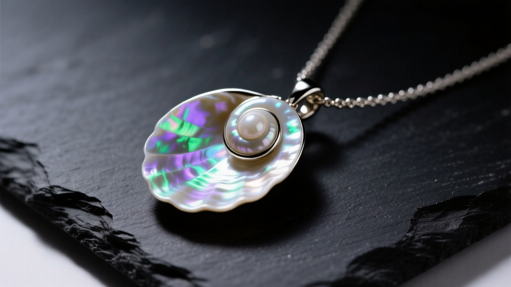 Macro photography of an iridescent ariel shell necklace pendant on dark slate, highlighting pearlescent nacre under studio lighting