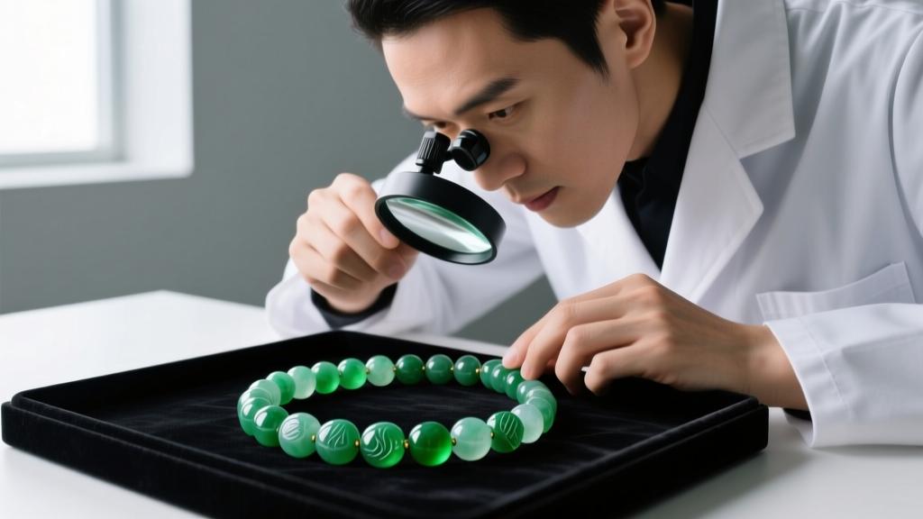 Jeweler using a 10x loupe to inspect the surface texture of a jade bead necklace for acid-etching and polymer signs
