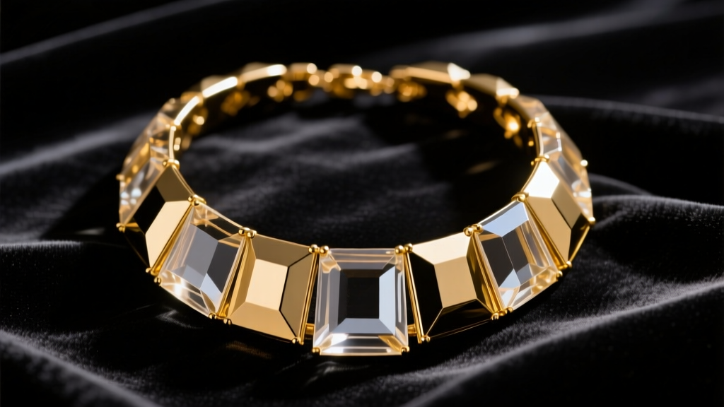A vintage 1980s chunky lucite and gold-tone collar necklace resting on dark velvet fabric with dramatic, moody studio lighting.