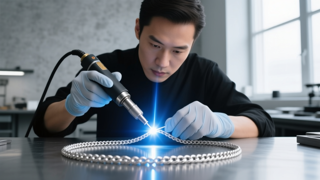 Jeweler using a laser welder to fix a delicate platinum rope chain, illuminated by the bright flash of the targeted laser pulse.