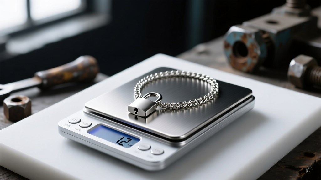 Titanium chain with padlock necklace on a digital scale, showing a 12-gram reading against a blurred dark workshop background.