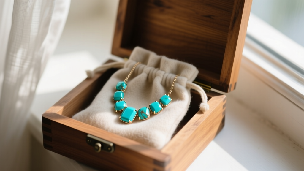 A turquoise nugget necklace inside a soft flannel pouch within a wooden jewelry box, kept safely away from bright direct sunlight