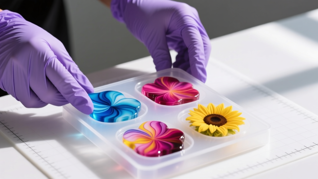 Hands in purple nitrile gloves demolding vibrant alcohol ink resin charms from a flexible silicone tray on a clean crafting mat.