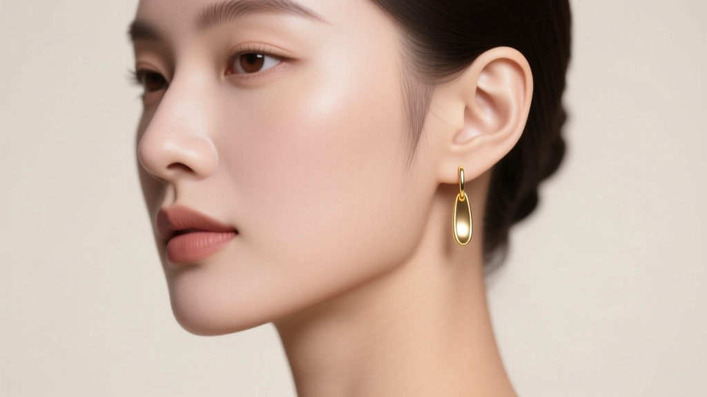 Woman wearing minimalist 14k gold simple dangle earrings, soft studio lighting, neutral background, sharp focus on jawline and ear.