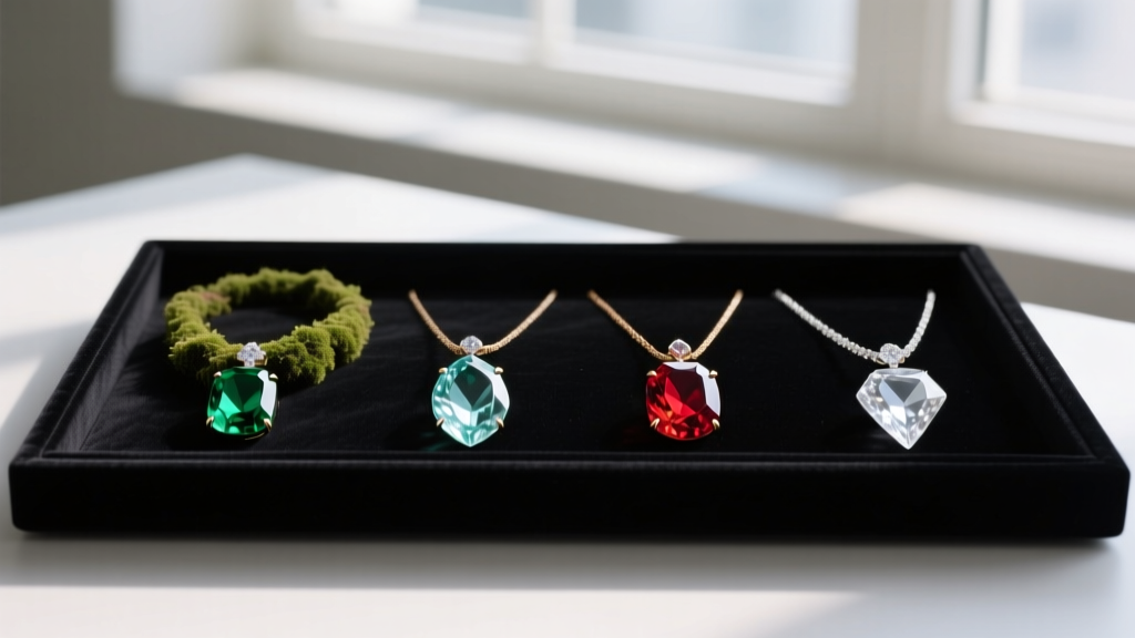 Four distinct gemstone necklaces representing earth, water, fire, and air elements resting on a dark velvet jewelry display tray.