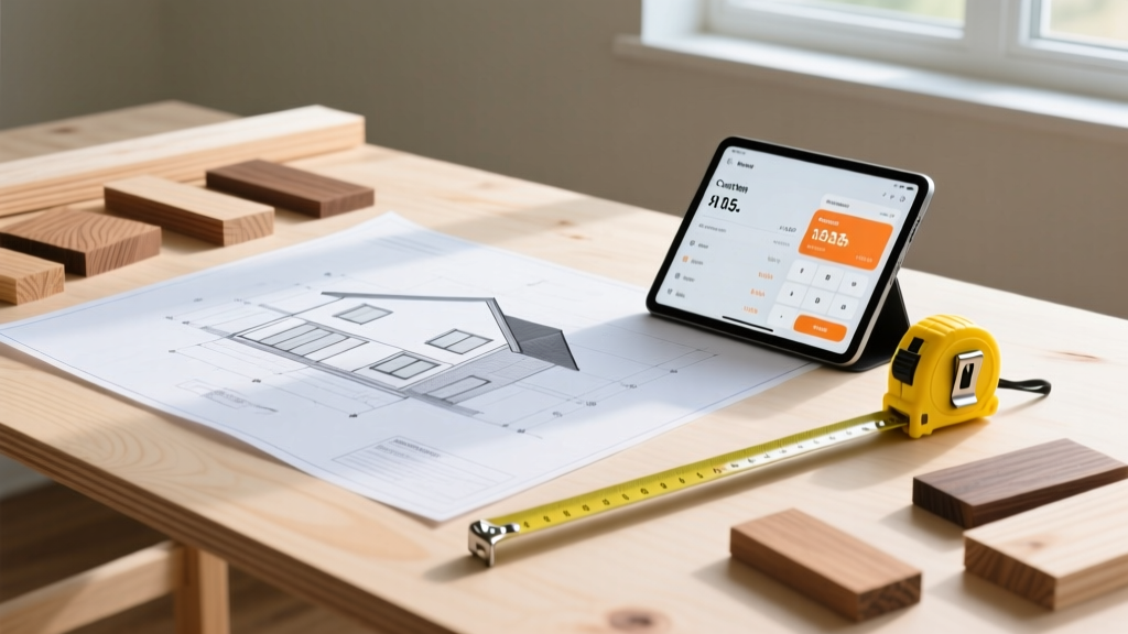Architectural blueprints on a plywood table beside a tablet showing a home cost calculator, a yellow tape measure, and lumber samples