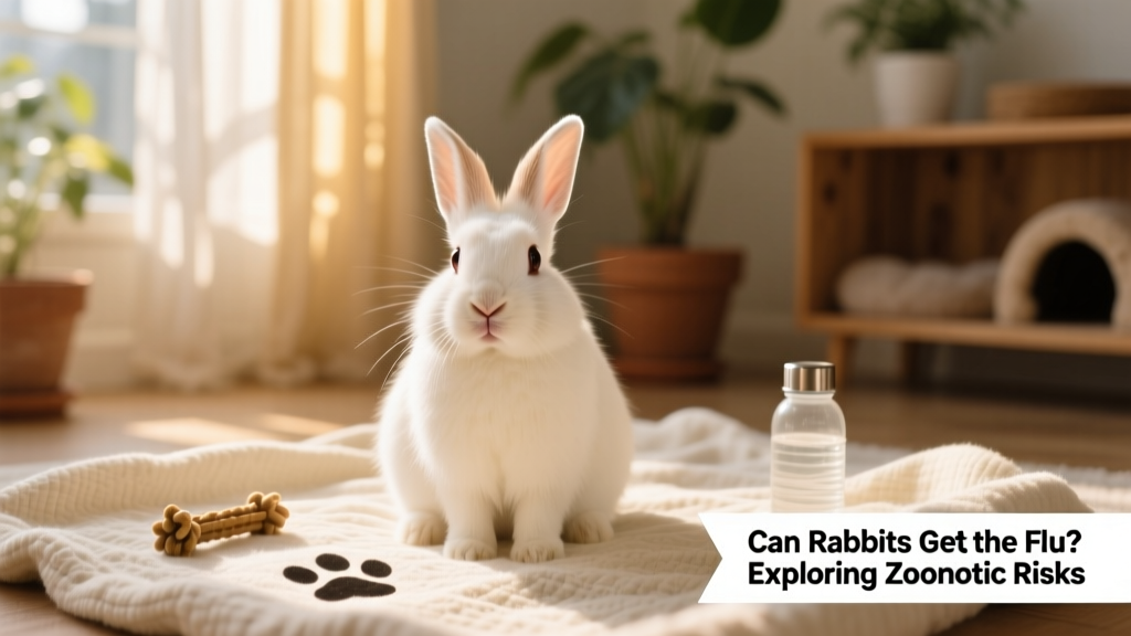 A calm, healthy rabbit sitting on a soft blanket, gently sniffing the air