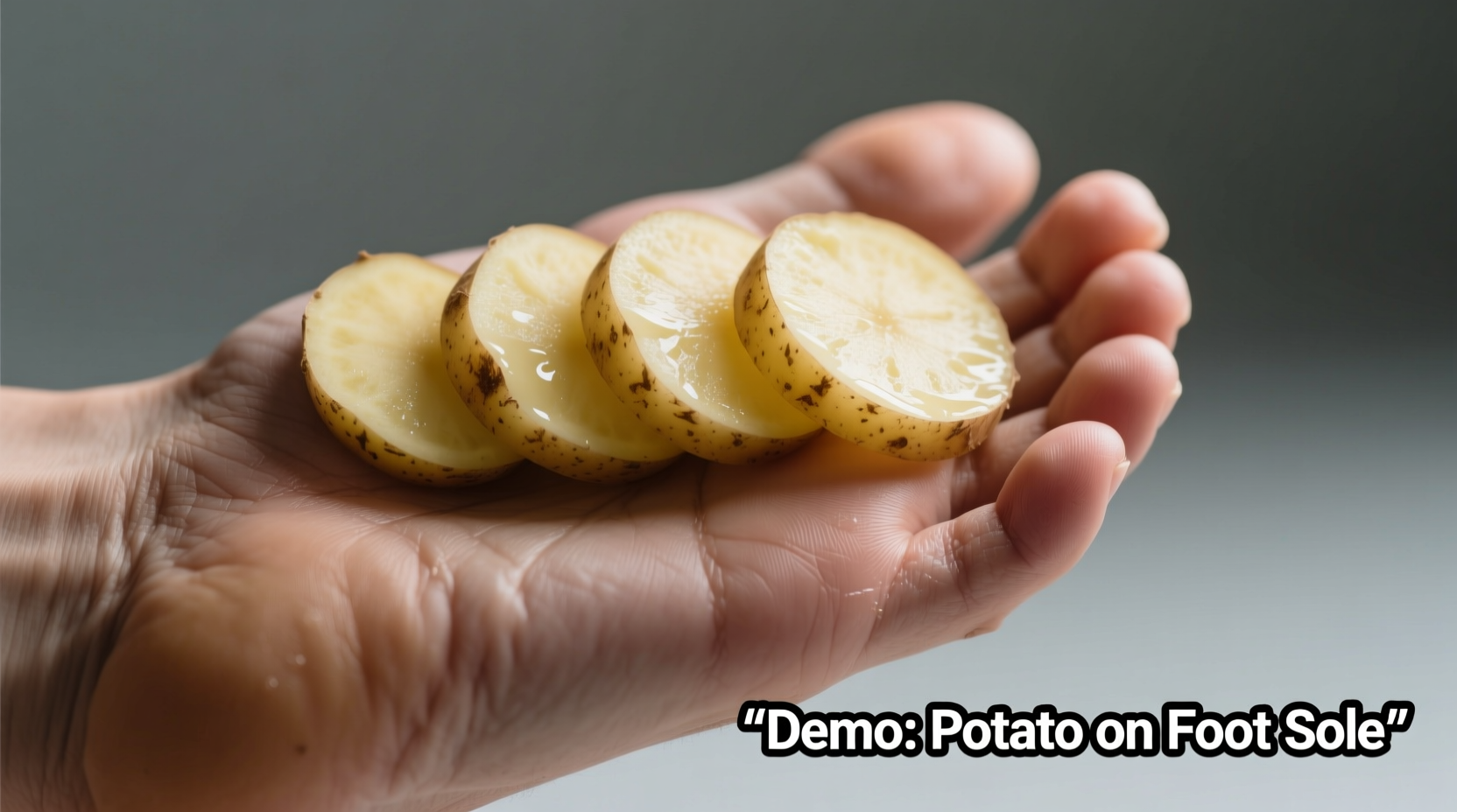 Raw potato slices placed on foot sole for demonstration