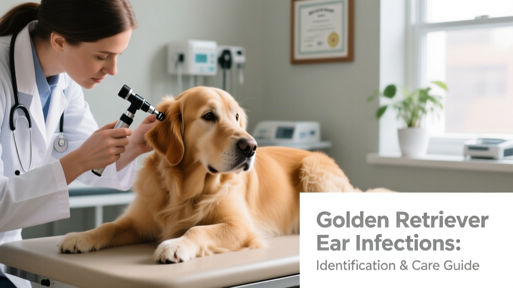 Veterinarian gently examining a golden retriever's ear with an otoscope during a clinic visit