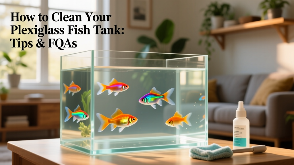 Close-up of a clean, clear plexiglass aquarium with vibrant fish visible through the surface
