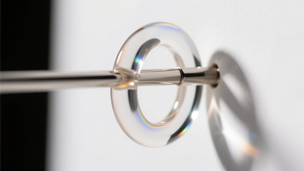 Close-up of a flexible PTFE clear earring barbell gently bent to show its flexibility for curved ear cartilage piercings.