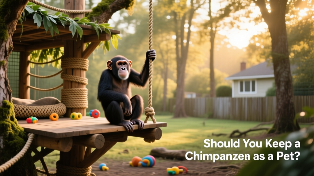 Large, custom-built outdoor chimpanzee enclosure with climbing structures and shaded resting areas