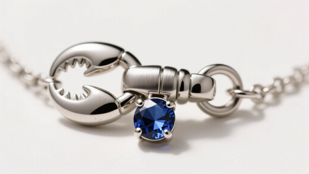 Macro shot of a 316L surgical stainless steel childrens necklace clasp with a secure lobster mechanism and tiny sapphire charm