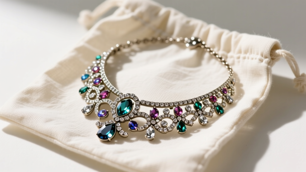 Close-up of a 1920s rhinestone paste necklace resting on acid-free unbuffered tissue paper inside a breathable cotton pouch