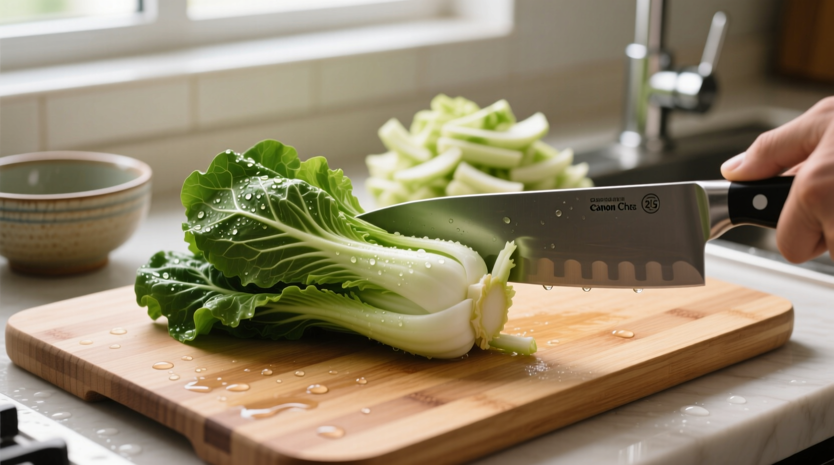 Fresh bok choy being prepared on cutting board