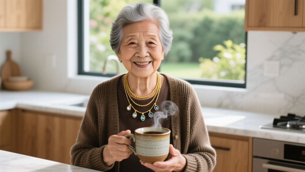 A grandmother wearing a layered gold bar necklace with five tiny birthstone chips, smiling softly while holding a ceramic coffee mug