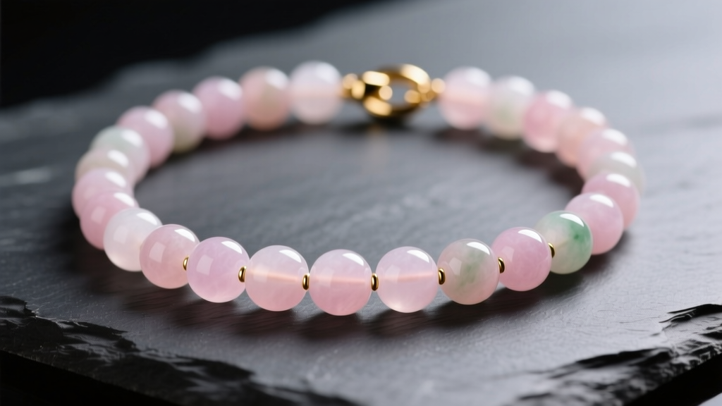 Close-up of a luxurious natural pale pink jadeite bead necklace with gold clasp, resting on dark slate, soft studio lighting
