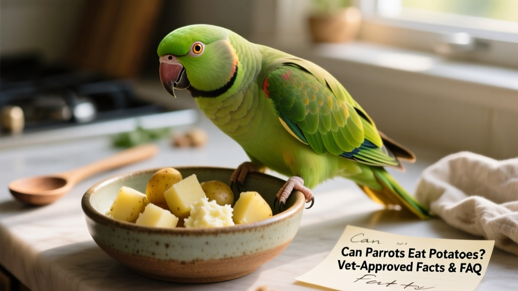 Close-up of a vibrant green parrot perched near a small bowl of plain, cooked, peeled potato cubes