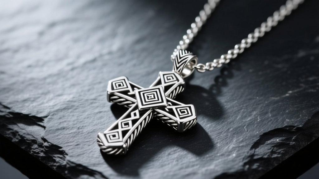 Close-up of a sterling silver John Hardy cross pendant on a woven chain, resting on dark slate, highlighting Balinese craft.