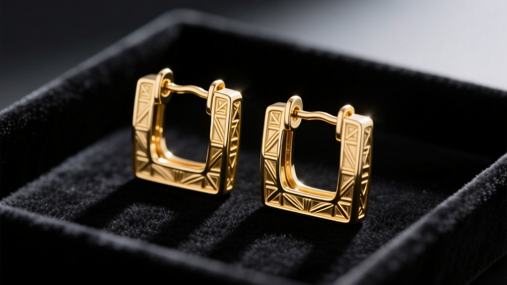 Detailed view of gold square hoop earring clasps, including latch-back and hinged snaps, arranged on a dark velvet jewelry tray.