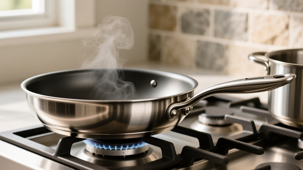 Close-up of the flared pouring rim and triple-riveted cast stainless handle of a Tramontina 12-inch tri-ply skillet resting on a gas stove grate
