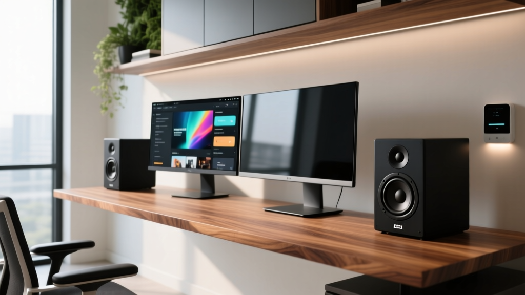 Close-up of a solid walnut desk shelf supporting dual monitors and heavy speakers in a modern 2026 home office setup