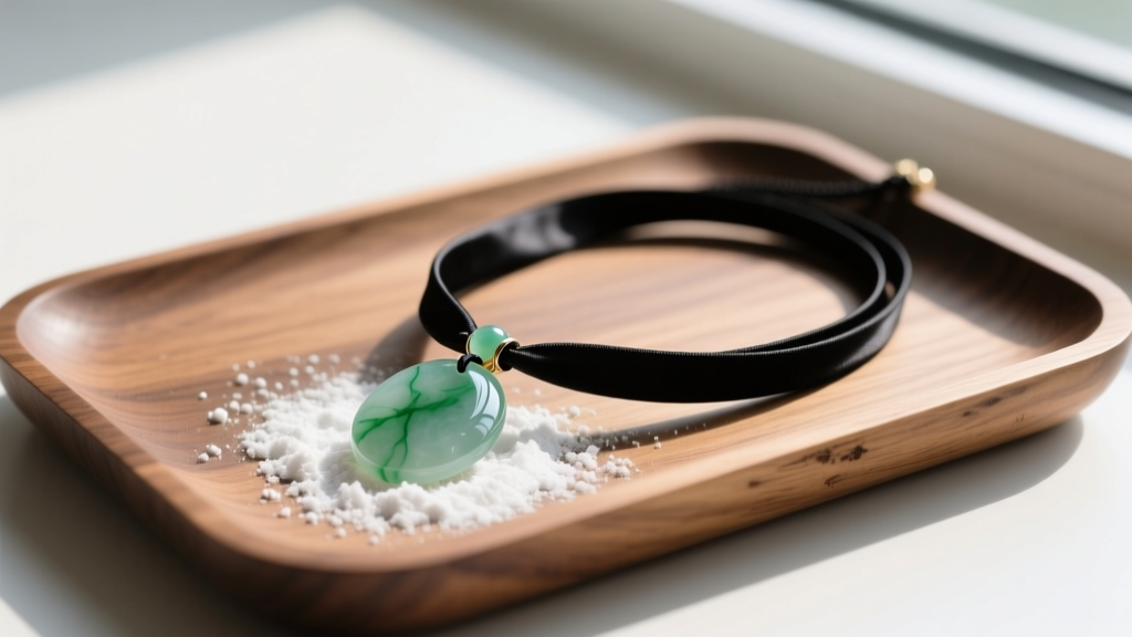 Black silk cord necklace with jade pendant, dusted with white cornstarch for friction reduction, resting on a wooden jewelry tray.