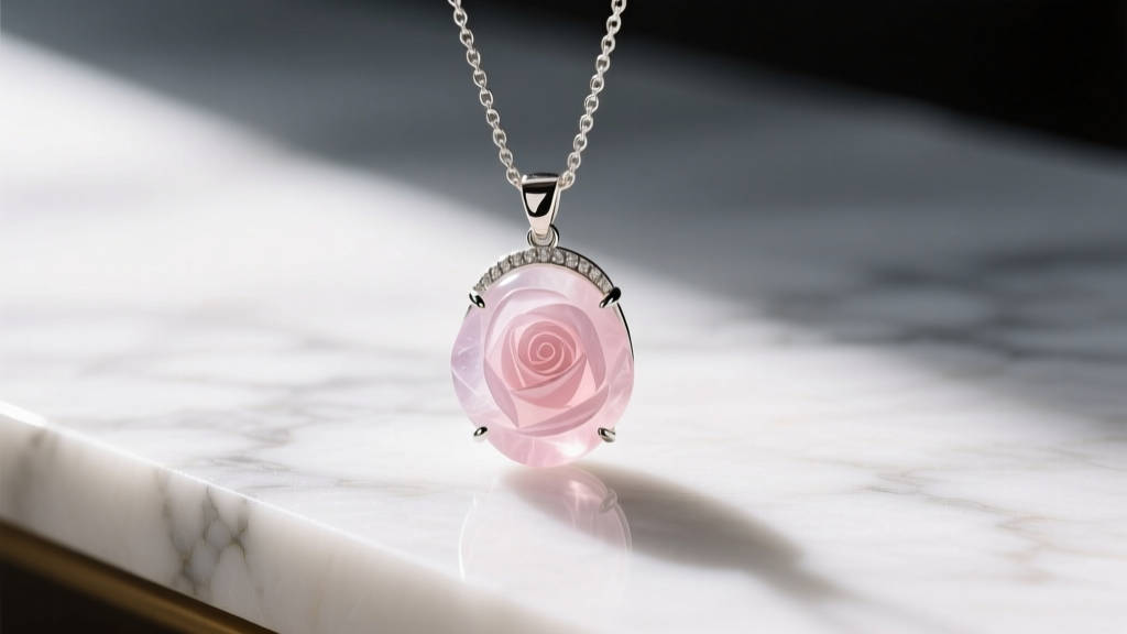 Close-up of a rose quartz pendant on a sterling silver chain resting on white marble in soft natural morning light, highly detailed