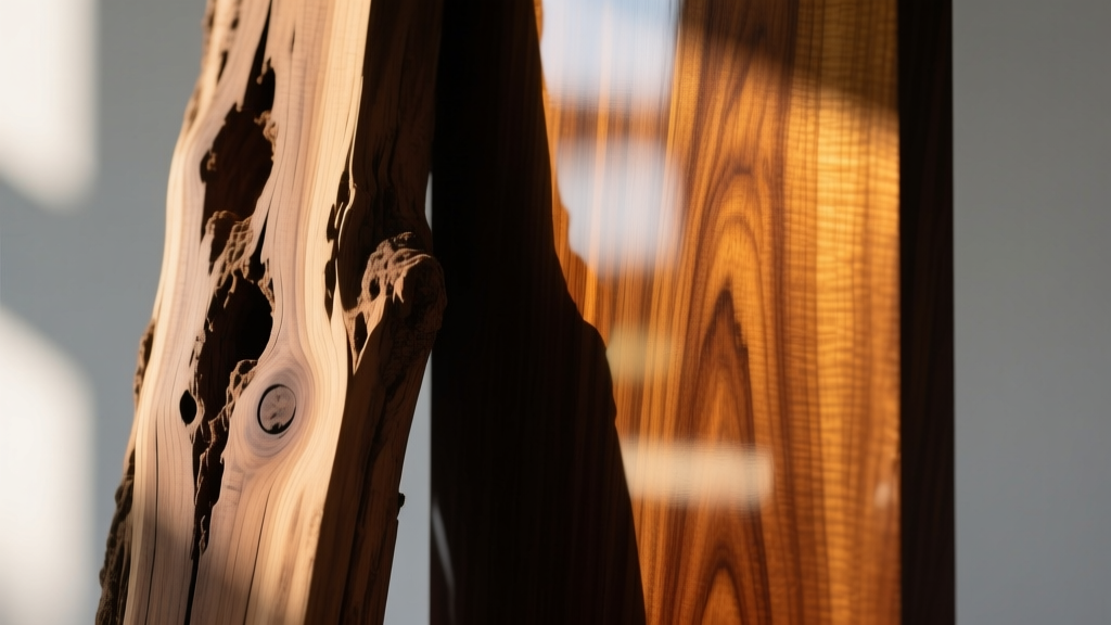 Close-up of raw teak wood grain beside polished mahogany veneer, highlighting natural pores and tannin textures of vintage wood